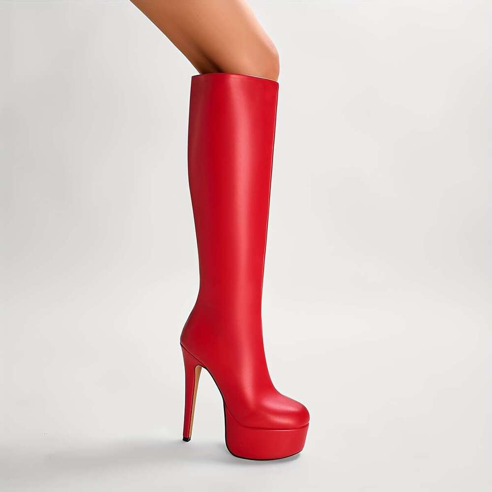 Women's Quality Platform High-Heeled Knee-High Glossy Black Zipper Closure, Ultra-High Heel Round Toe Elegant Events, Parties, Attire Comfortable