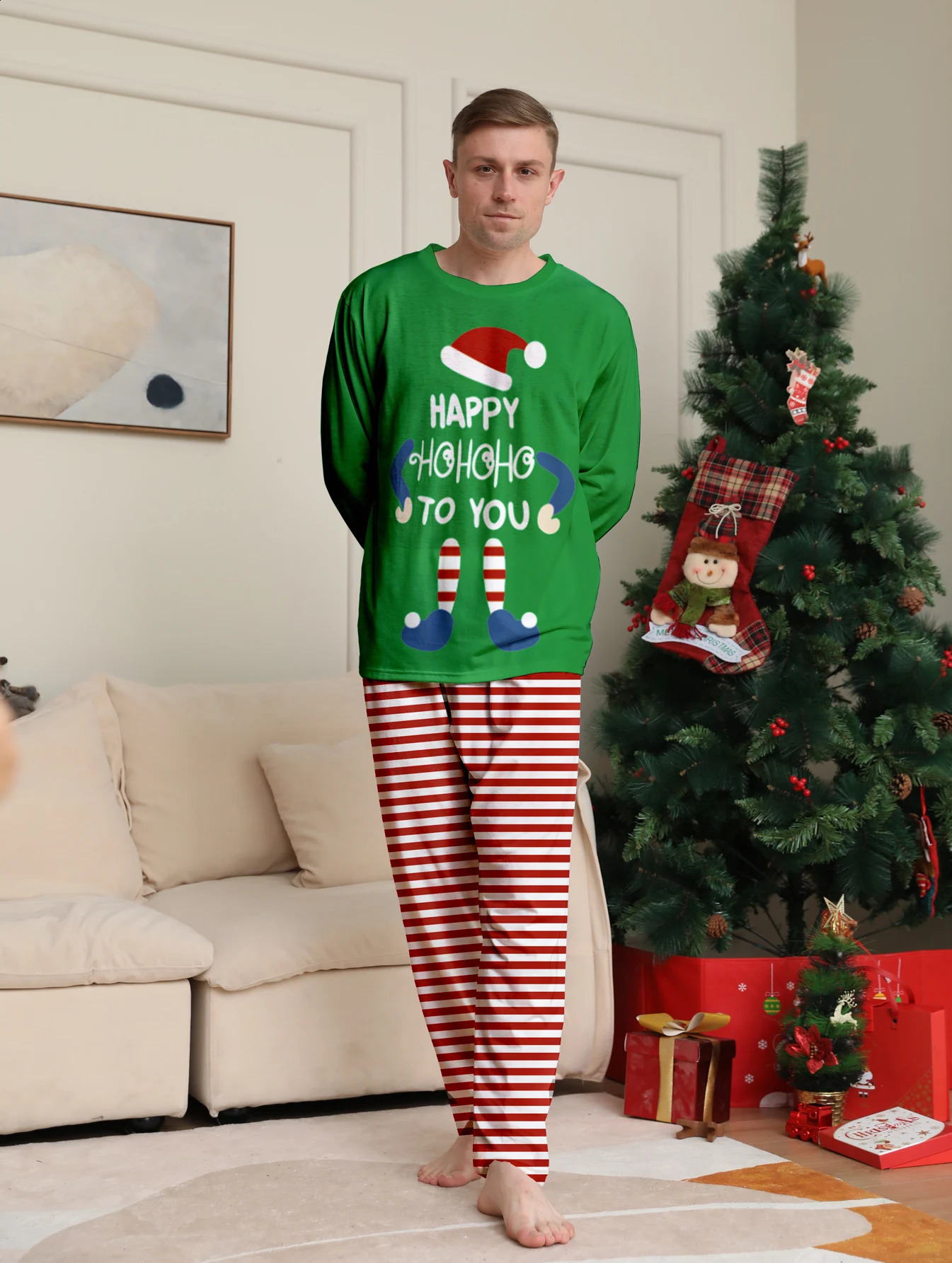 Christmas Family Sleepwear Set Elf Happy HoHoHo to You Green Top Red White Striped Pajamas for All Family Members 251027