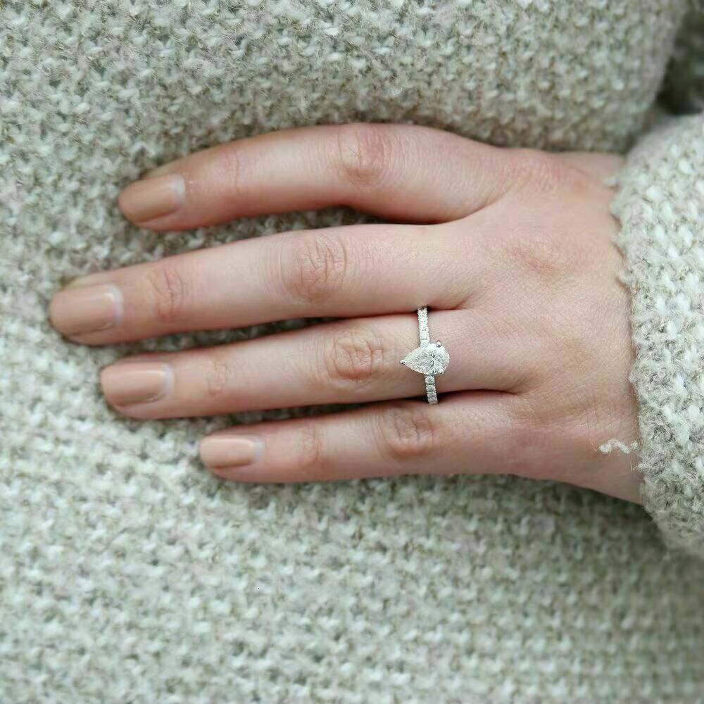 925 Sterling Silver Jewelry 1Ct Pear Hidden Halo Ring Moissanite Wedding Ring
