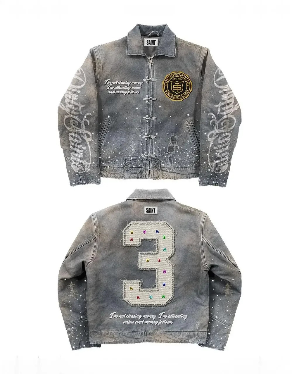 Oversized Retro Work Clothes Jacket Y2k Mens Loose Rhinestone Letter Patch Embroidery Coat Autumn Winter Denim 251027