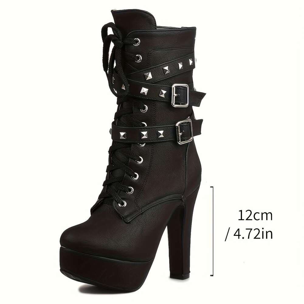Women's Knee-High Boots, Fashion Punk Style, Round Toe, Lace-Up Closure, Block Heel, With Rivet Ankle Strap Detail, PU Upper, Superfine Fiber Lin