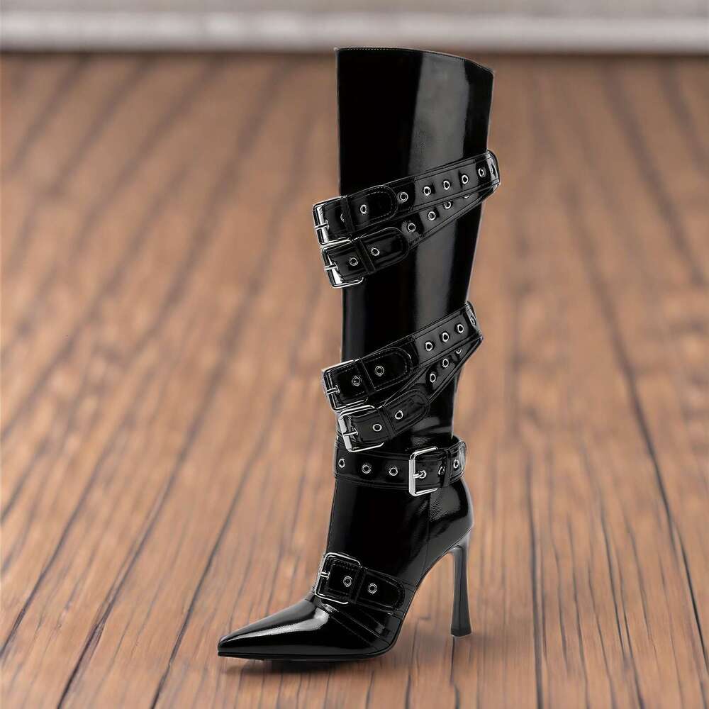 Elegant Women' Black Kitten Heel Knee-High Boot - Sexy Pointed Toe With Buckle Rivet, Fahionable Cover, Side Zipper, Perfect For Fall & Winter Ou