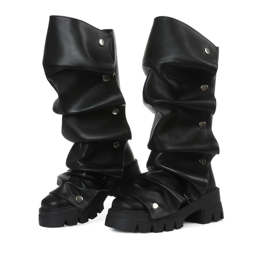 Chic Women's Fold Over Round Toe Chunky Heels Pleated Pull On New Year Holiday Wide Calf Short Booties