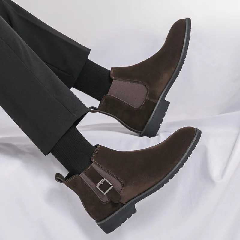 Buckle Suede Mens Boots Big Size 3846 Vintage Style Brown Men Chelsea Boots Comfortable SlipOn Man Ankle Boots 251023