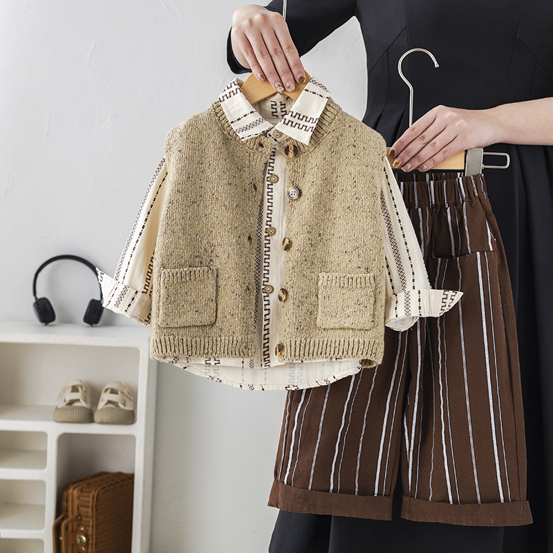 2025 Boys Spring Clothing Set, Korean Style Forest Print 3-Piece Outfit, Straight Leg Pants and Shirt for Toddler