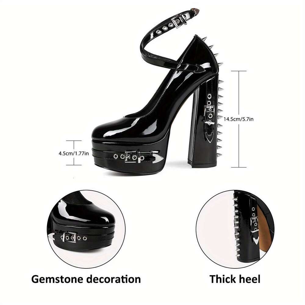Women's Black Chunky Heel Platform Shoes With Rivet Detailing - High Quality Synthetic Cover Round Toe Pumps, All-Season Comfort For Casual & For