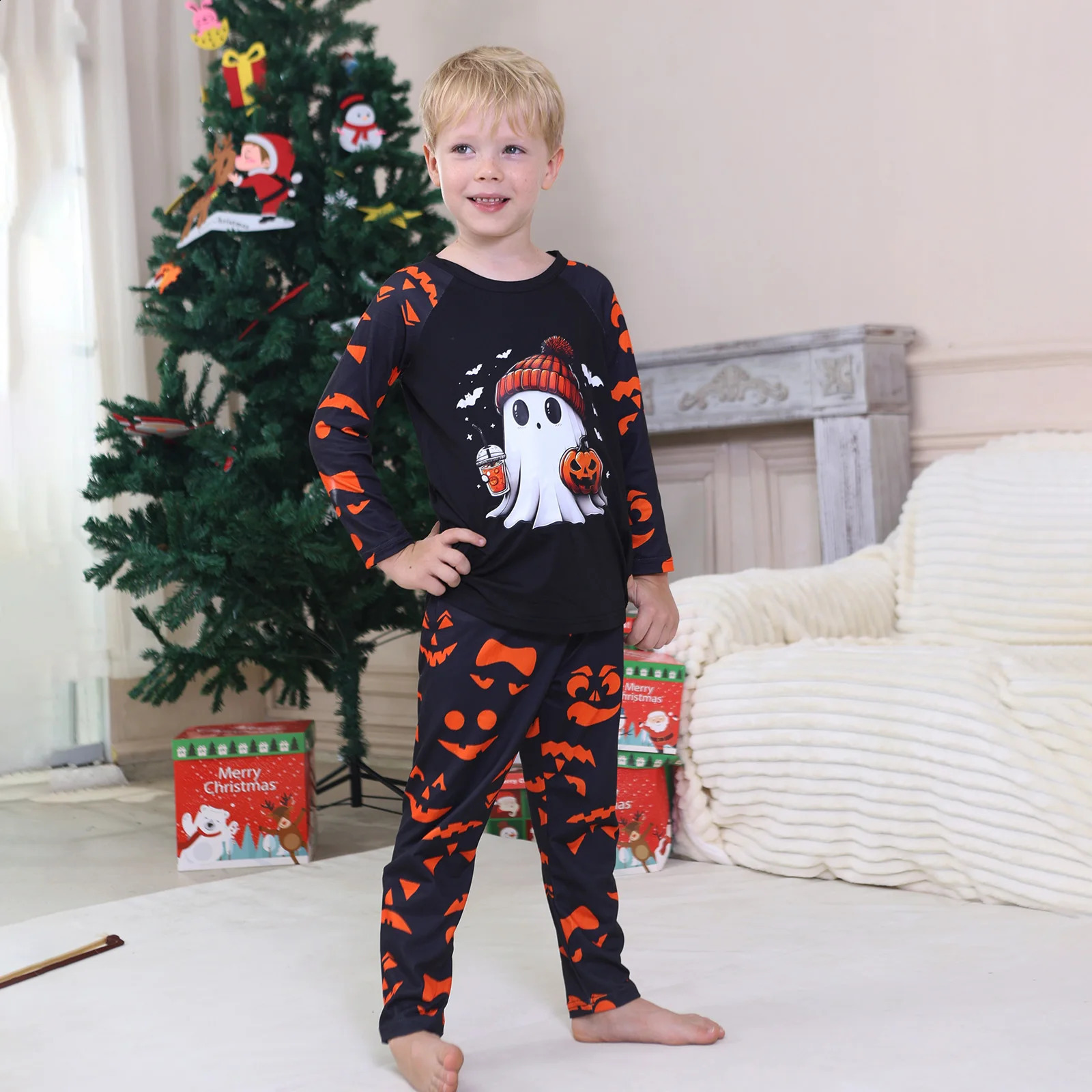 Family Look Halloween Party Pajamas Set Mom Daughter Dad Son Matching Outfits Cartoon Print Soft Loose 2 Pieces Suit Sleepwear 251027