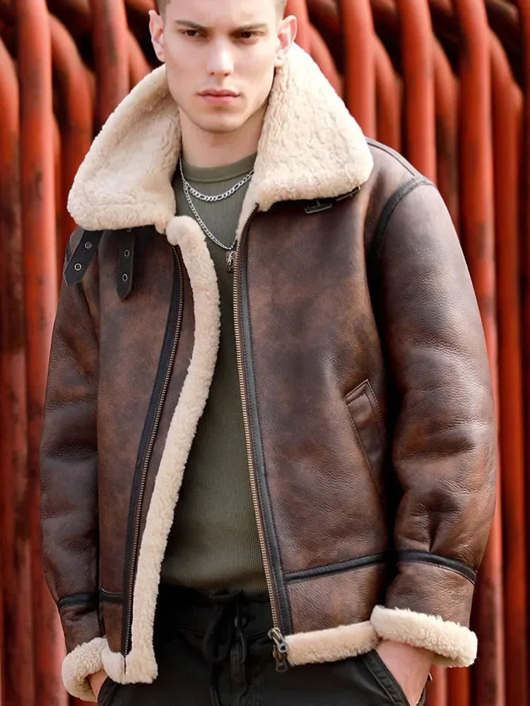 Vintage Winter Fashion Mens Genuine Leather Coat Male Pilot Biker Jacket Thick Warm Wool Liner Brown Oversize 62 64 66 251027