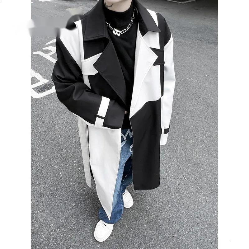 Men's Trench Coats Mens Net Celebrity Strtwear Fashion Black White Splice Loose Casual Long Jacket Windbreaker Trench Coat Male Stage Clothing 240822 Z251013