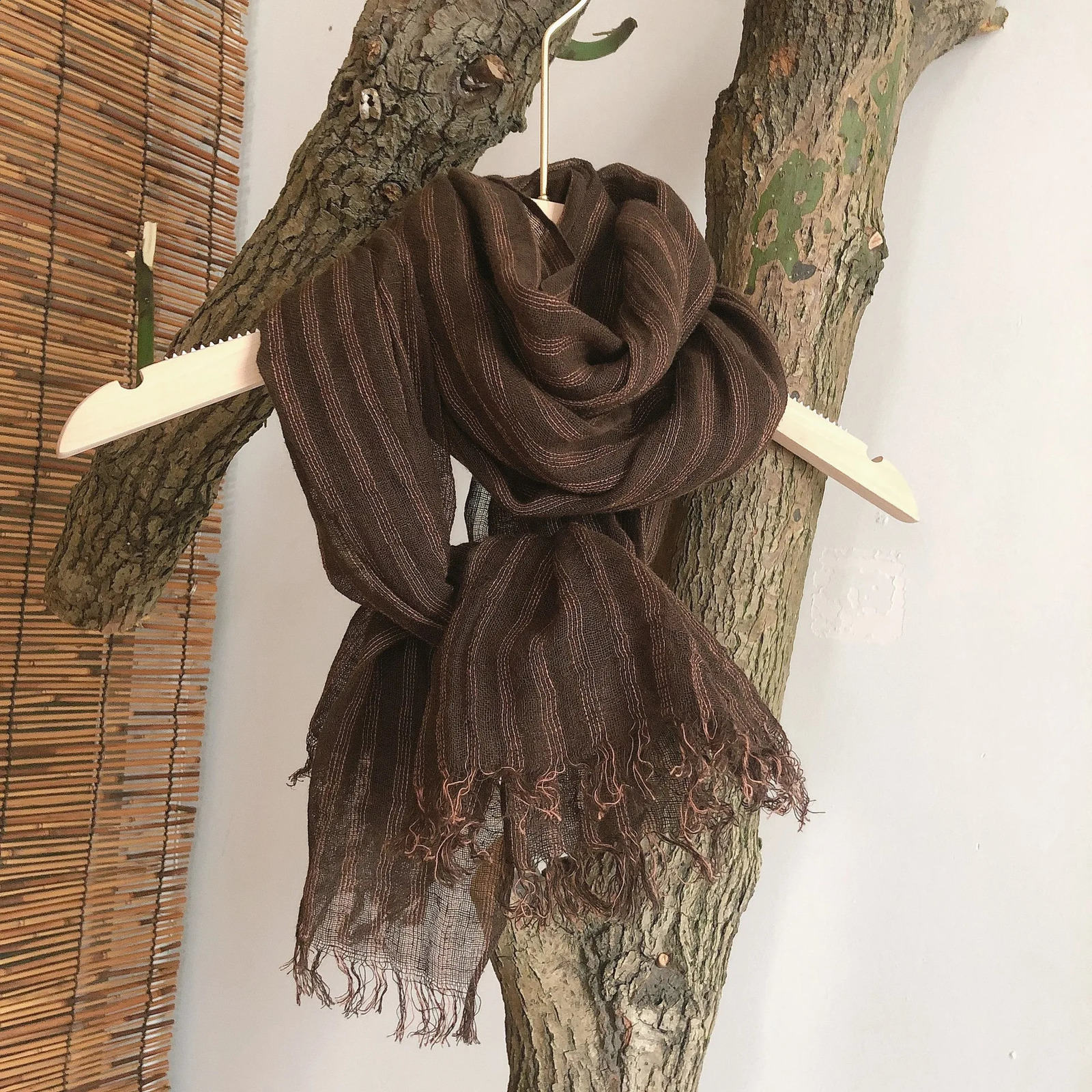 MenWomen SpringSummer Cotton Linen Brown Versatile Striped Scarf 251027