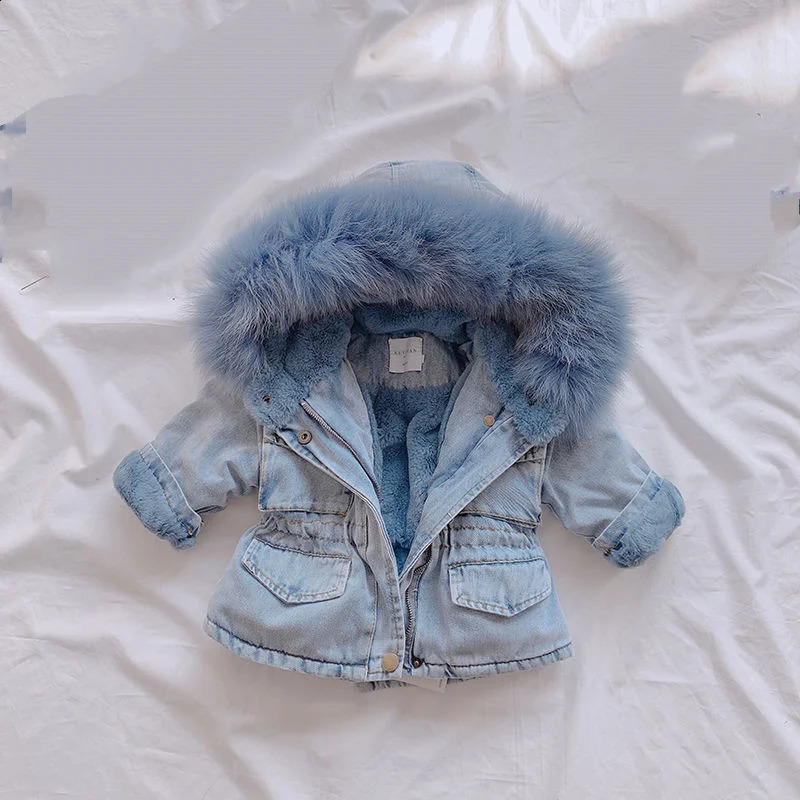 Baby Girls Coats Winter Denim Jackets with Fur Hooded Coats Girls Cotton Thicken Children Clothing Girl Jackets Christmas Gift 251027