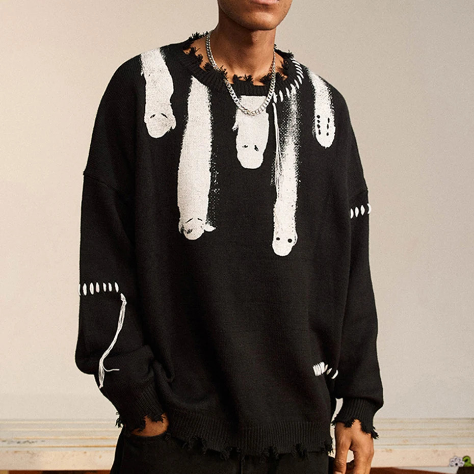 Hip Hop Sweaters Streetwear Y2K Grunge Ripped Ghost Print Punk Gothic Knitted Jumpers Autumn Harajuku Casual Pullover Sweaters 251023