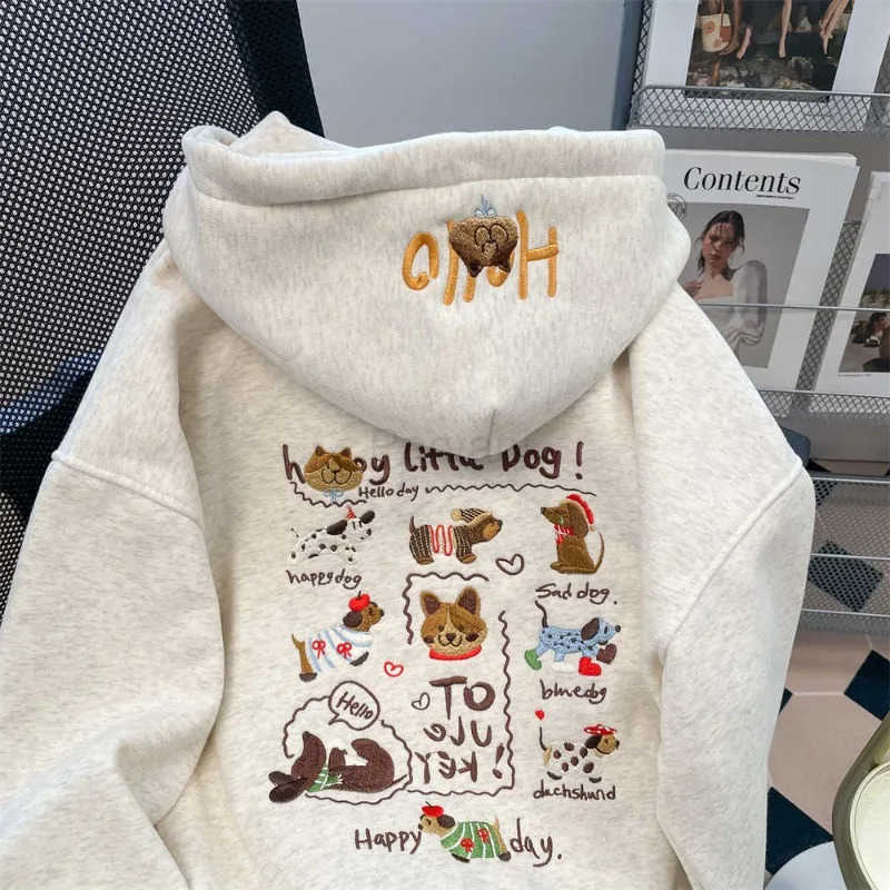Sanrio Autumn and Winter Versatile Cute Heavy Industry Embroidered Dog Hoodie Cardigan Womens Lazy Style Loose Casual Hooded Jacket L251028