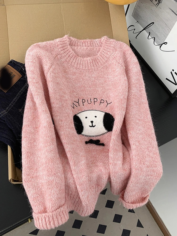 Pink Sweet Cartoon Sweaters Women Lazy Wind Long Sleeve Cute Knitted Jumper Japan Kawaii Lady O Neck Fall Winter Letter Pullover 251027