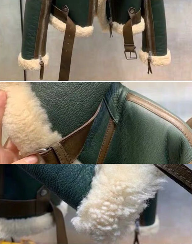 Women's Motorcycle Coat Green Stitching Large Lapel Padded Short Fur One Sheep Shearing Coat Patchwork Thick Faux Luxury Biker Belt Fur Jacket Wi