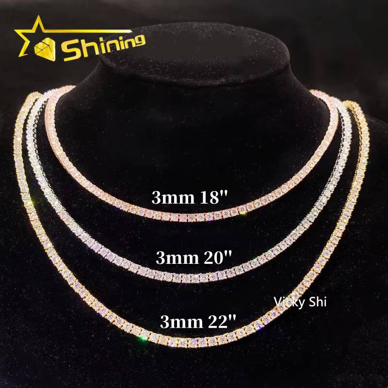 Fast Shipping Hip Hop Iced Out 3mm Moissanite Tennis Chain Men Women 925 Silver Moissanite Tennis Necklace GRA Certificated