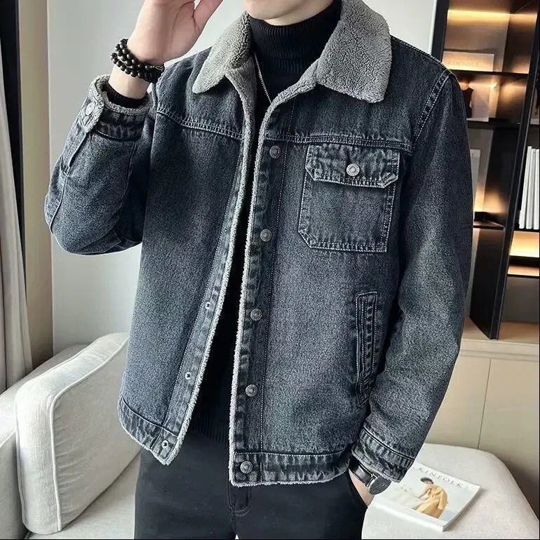 Mens Denim Jacket Winter Thickened Fleece Lined Fashionable Arrival Of The Season Cotton Coat with Lamb Fur Collar 251027