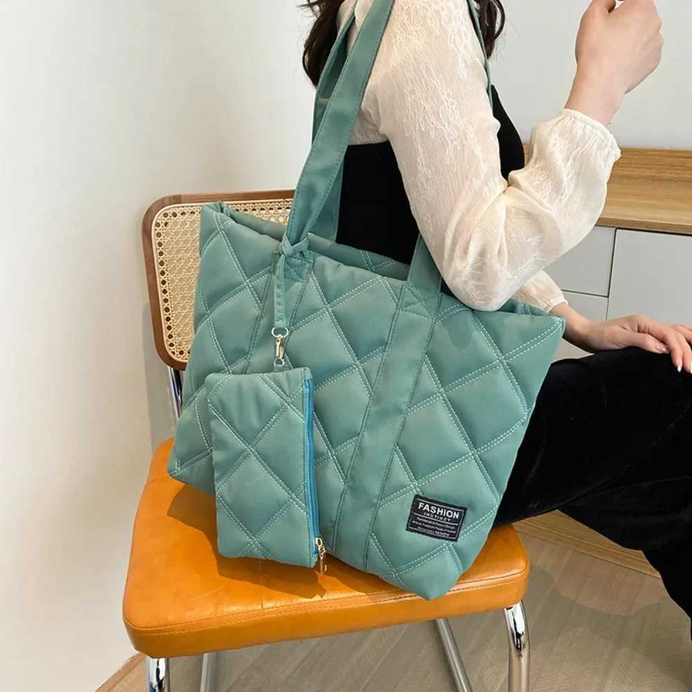 Women Handbag Fall Winter Fashion Rhombus Space Cotton Suit Shoulder Bag Large Capacity Solid Color AllMatch Shopping Tote BagW251028