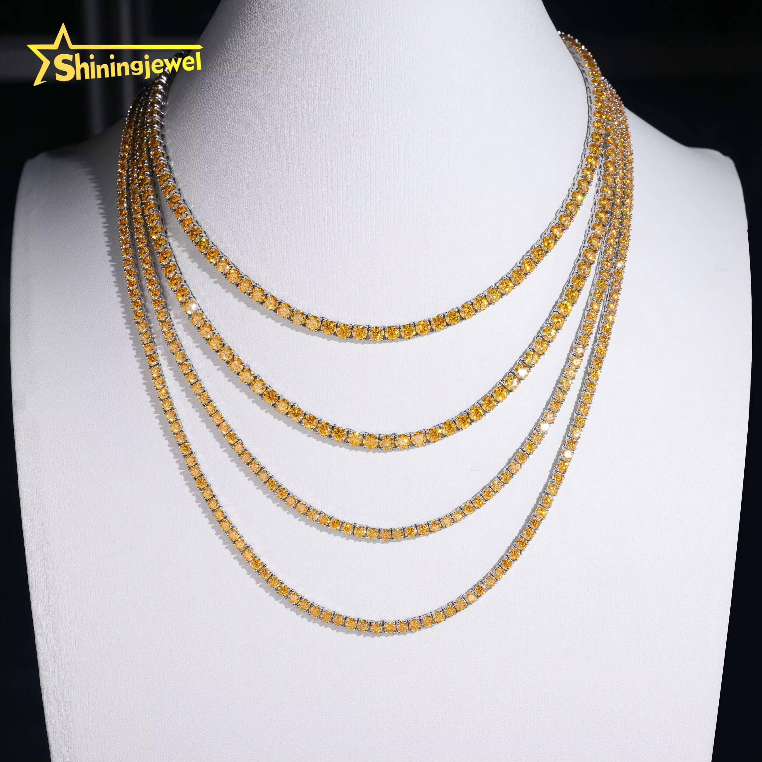 New Arrival 3mm 4mm Yellow Gold Moissanite Diamond Tennis Necklace 925 Silver Fashion Jewelry Hip Hop Tennis Chains Bracelet