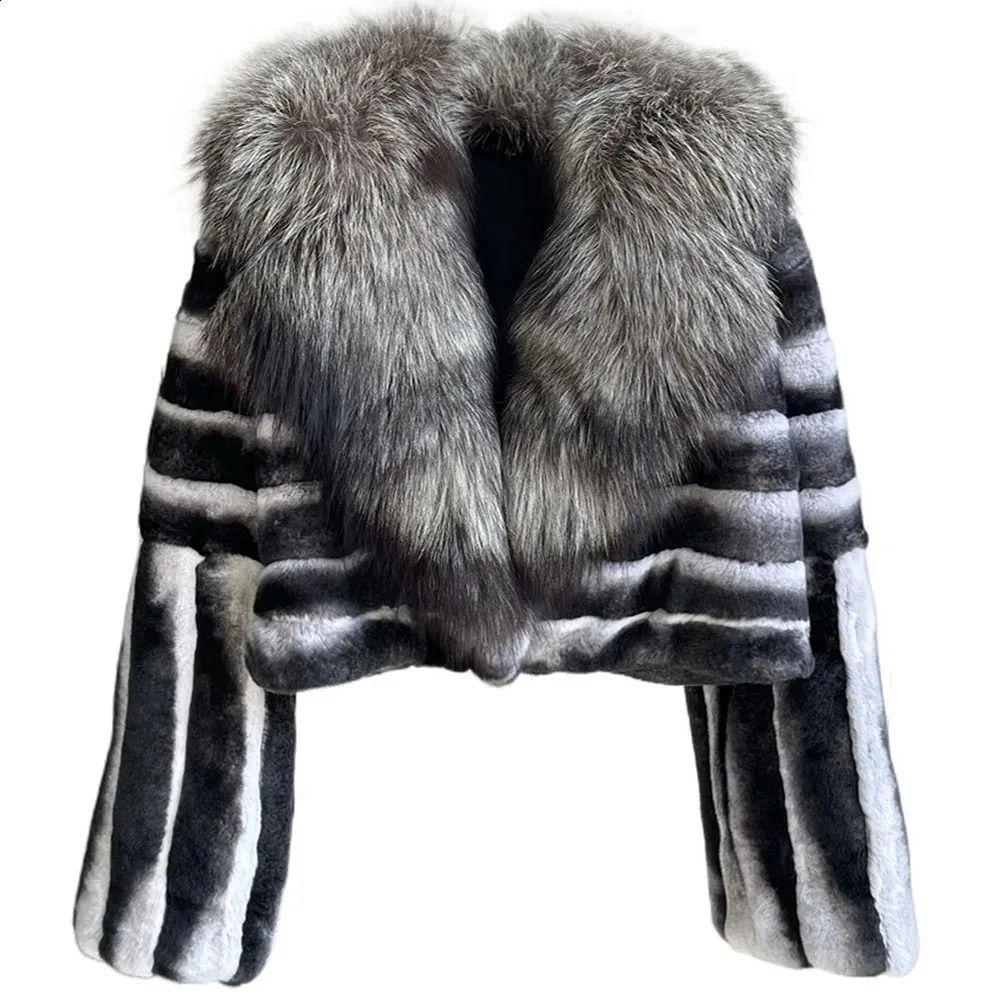 Selling Fashion Real Rex Rabbit Fur Jacket Natural Fox Fur Collar Short Real Fur Coat Women Warm Winter Outerwear 251027