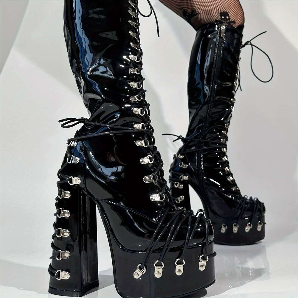 Frankie Hsu Goth Chunky Platform Knee High Heeled Lace Up Boots, Black Patt Siery Multi Buckle Gothic, Punk Y2k Hot Big Large Size Calf Long Shoes For