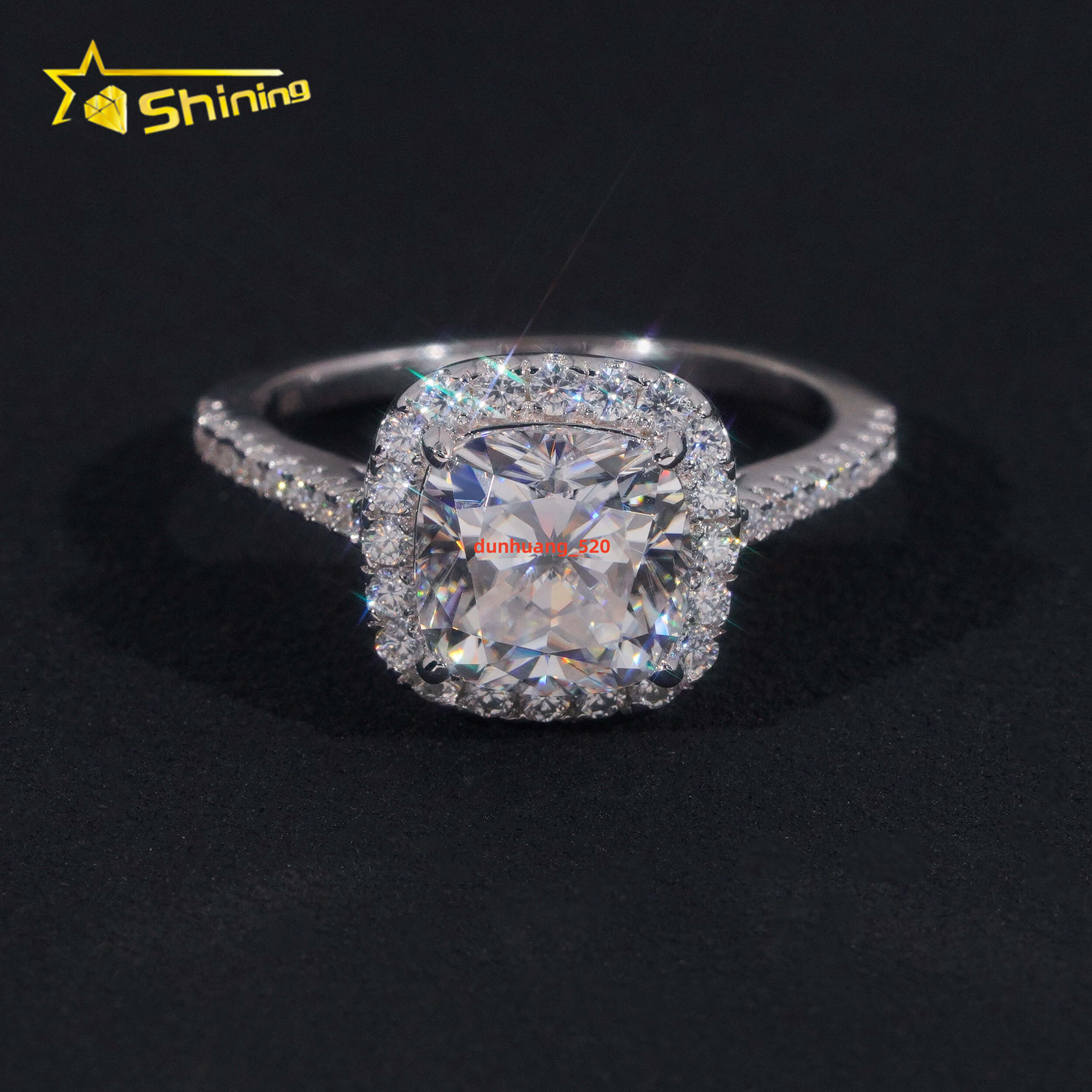 Trendy Halo Design 925 Silver Cushion Cut Moissanite Ring Custom Fine Women Finger Moissanite Eternity Wedding Ring