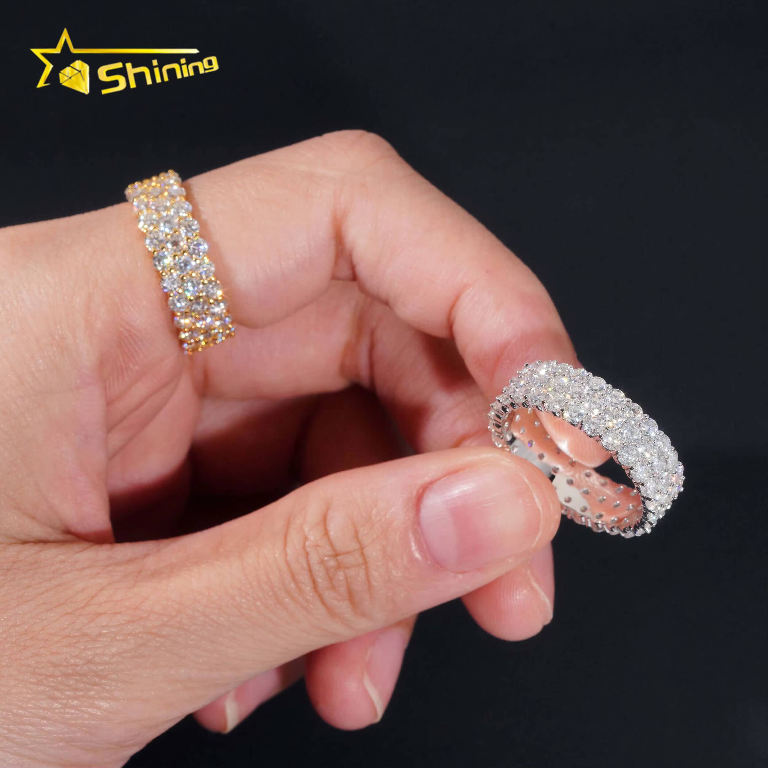 Fine Jewelry Men Hip Hop Ring Pass Diamond Tester 925 Silver Gold Plated 3 Rows VVS Iced Out Moissanite Diamond Ring