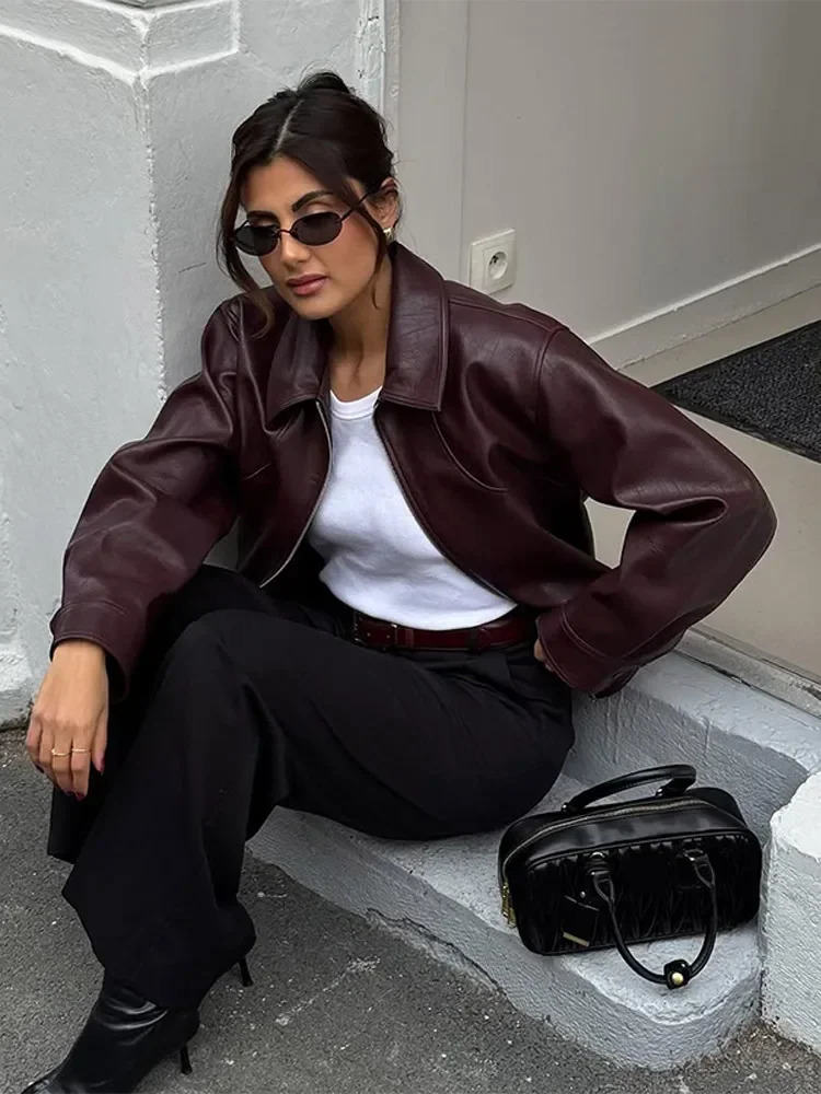 Full Sleeve Cropped Wine Red Leather Jacket Women Casual Slim Thin Pu Motorcycle Coat Zipper Lapel Lady Highstreet Outwear 251029