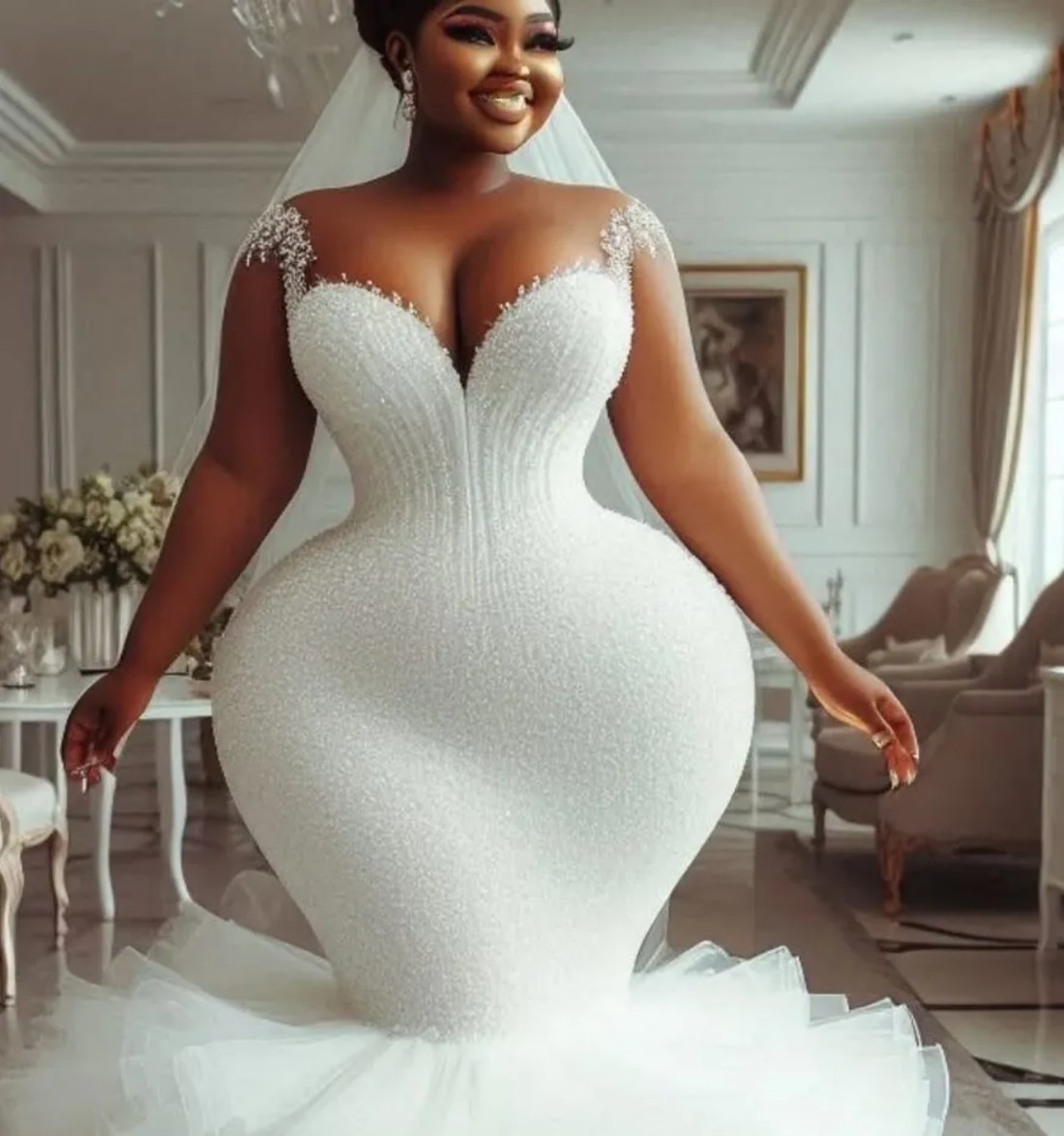 Oversize Aso Ebi Plus Size Wedding Dress in Ivory with Sheer Neck Beaded Sequined and Tulle
