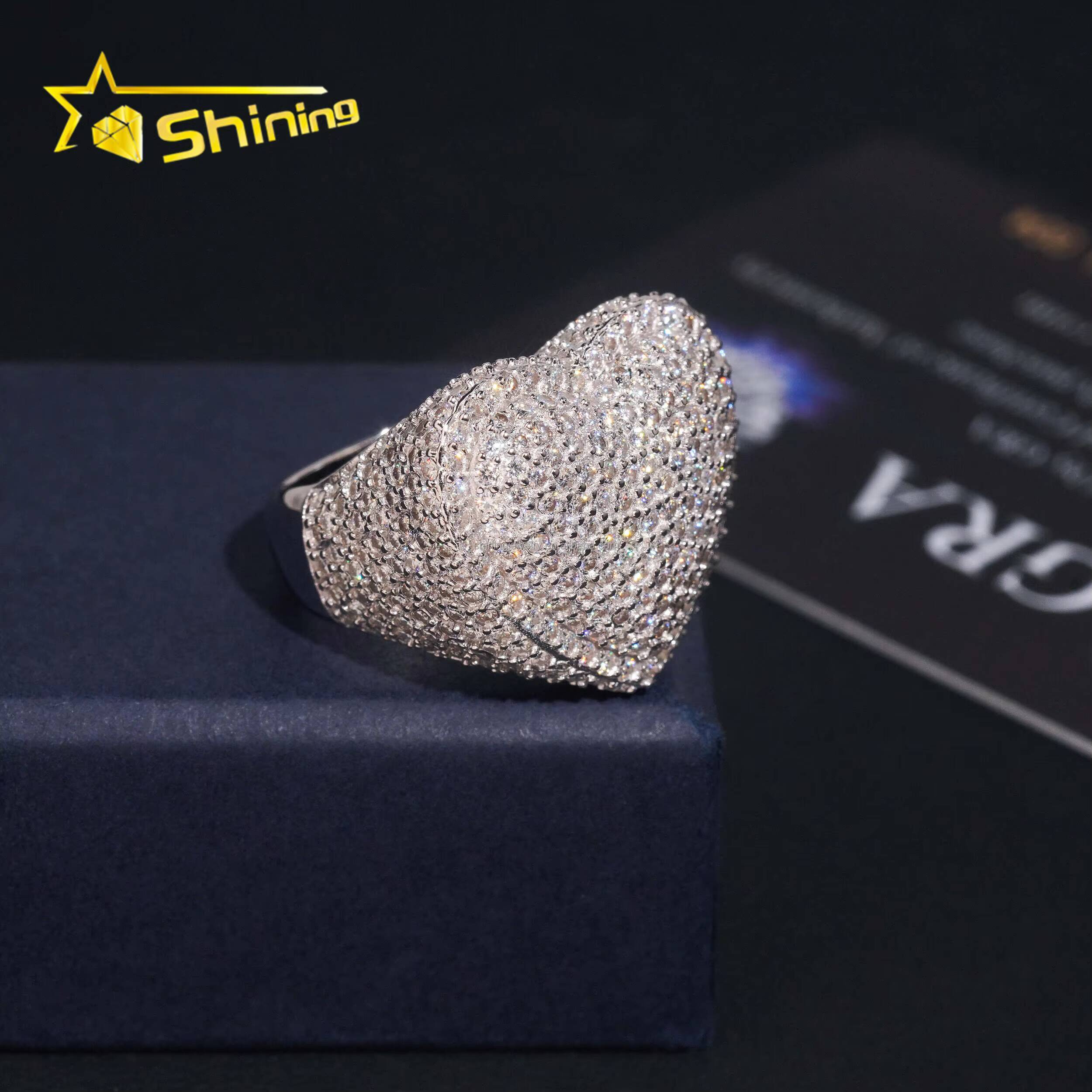 Bulk Stock New Arrivals Drop Shipping Hip Hop Fire Jewelry S925 Solid Silver Fully Iced Out VVS1 Moissanite Diamond Heart Ring