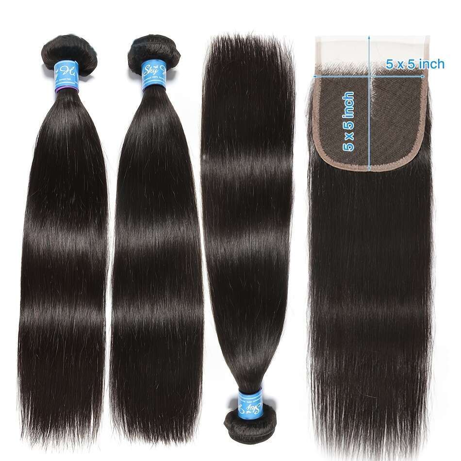 3 12A 100% Unprocessed Peruvian Virgin Human Weave - Bone Straight 5X5 HD Transparent Lace Closure, Natural Black Free Part For, Versatile Styling Sty