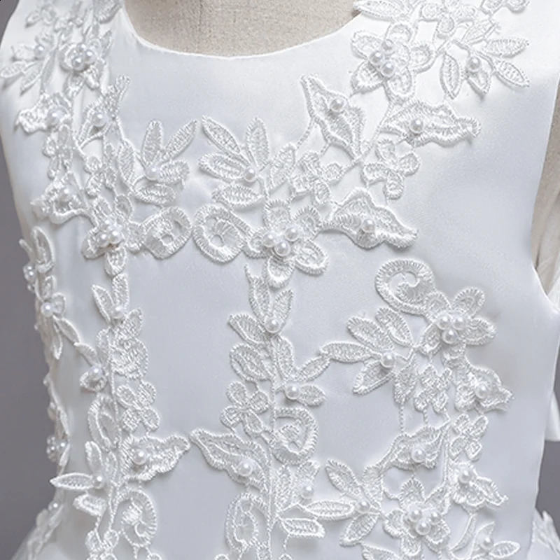 Girls White Lace Pearl Flower Princess Dress For Sequins Sleeveless First Communion Bridesmaid Wedding Formal Evening Long Gown 251023