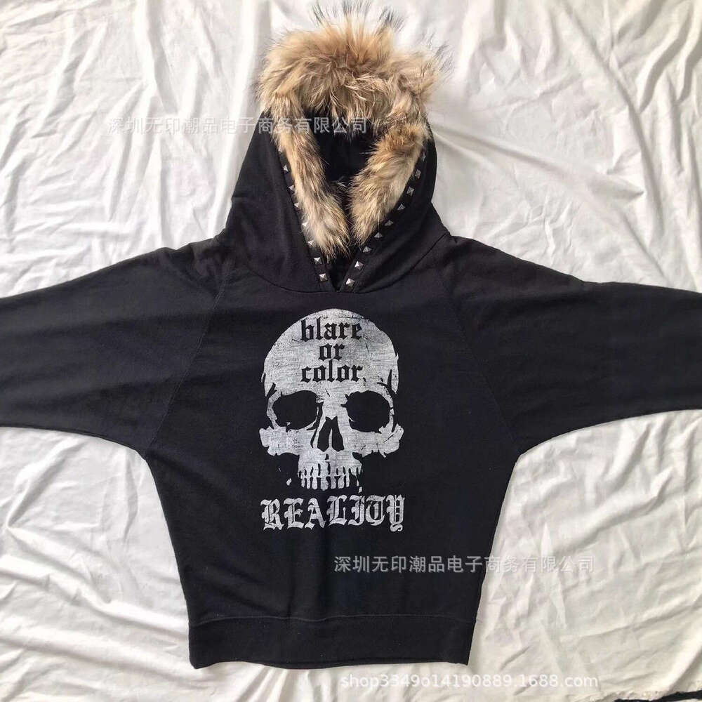 American Spicy Girl Y2K Women's Furry Skull Letter Print Dark Street Style Hooded Fleece Sweatshirt