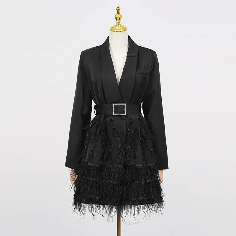 High Quality Feather Splicing Blazer Dresses Spring Women Long Sleeves with Belt Mini Dress Autumn High Waist Vneck Suit Dress 251020