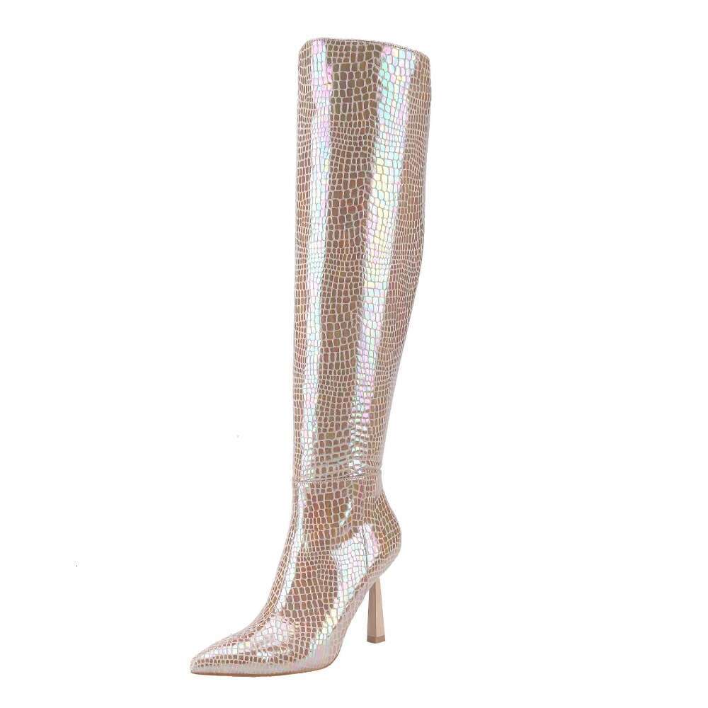 Women's Autumn And Winter Kitten Heel Pointed Toe Boots, Snake Print Metallic Colored Leather Design