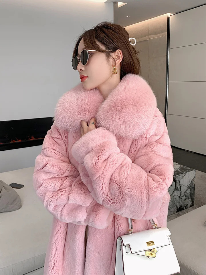 Autumn and Winter Womens Rex Rabbit Fur Water Pink Long Coat Imported Fur Integrated Fox Fur Collar 251027