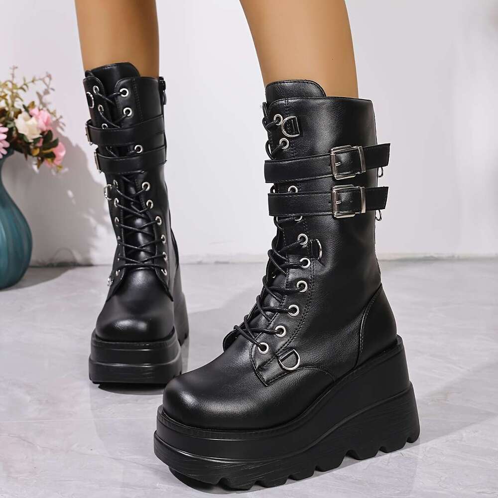 Women's Combat Riding Platform Knee High Boots, Lace Up Fall Lug Sole Gothic Motorcycle Boots With Inside Zipper