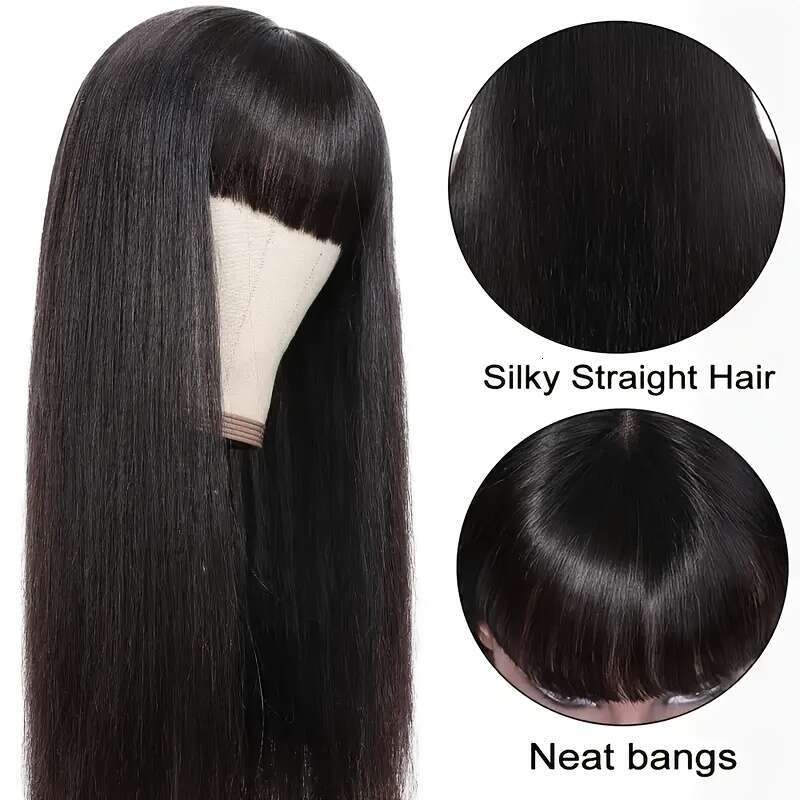 Wig Hairy Straight With Bangs None Lace Front For Women Unprocessed Brazilian Human Hair Hine Made Glueless Wigs 180% Density
