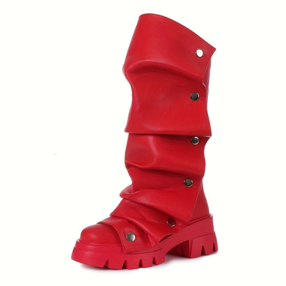 Trendy Women's PU Cover Pleated Loose Round Toe Pull-On Mid-Calf Platform With Thick Rubber Sole - Winter Nightclub Party Boots For Dresses, Soli