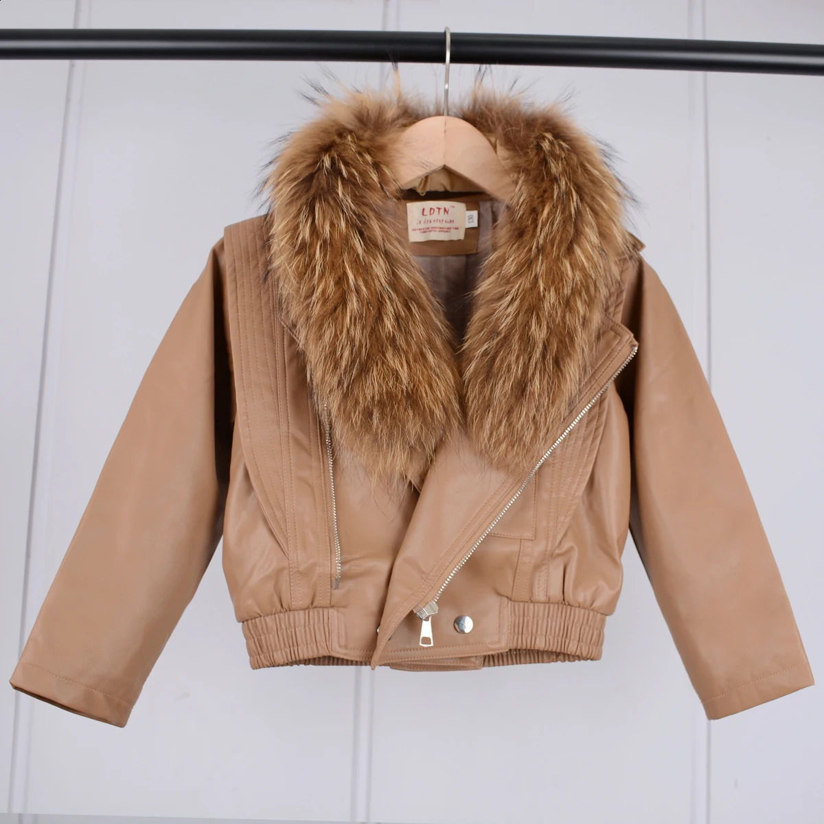 Kids Leather Jacket For Girls Autumn Winter Raccoon Fur Coat Children Full Sleeve Plush Outwear Black Beige Brown TR319 251023
