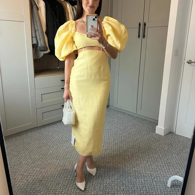 Womens Puff Sleeve Party Dress Ladies 2025 Hollow Waist High Street Summer Dress Elegant Solid Square Collar Holiday Long Dress 251027