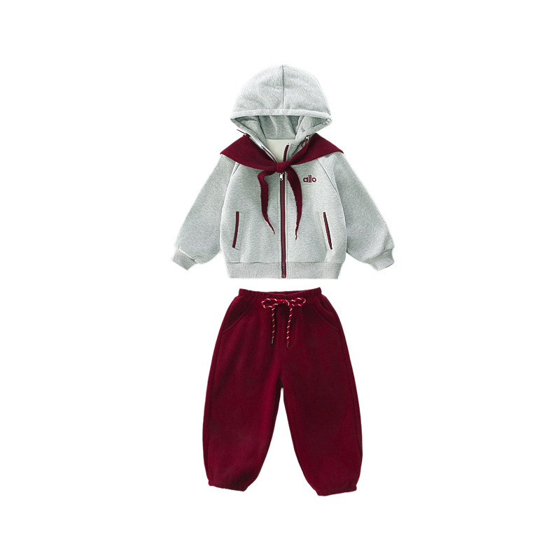 2025 New Style Girls Fleece-Lined Letter Sporty Tracksuit Hooded Jacket and Casual Pants Two-Piece Set for Toddlers