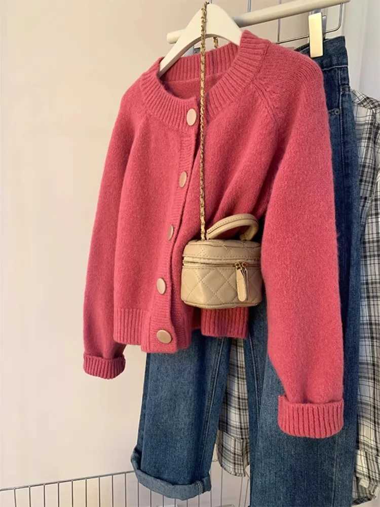 Retro Green Knitted Cardigan 2024 New Autumn Womens Round Neck Single Breasted Jacket Casual Versatile Warm Ladies Coat TrendT251028