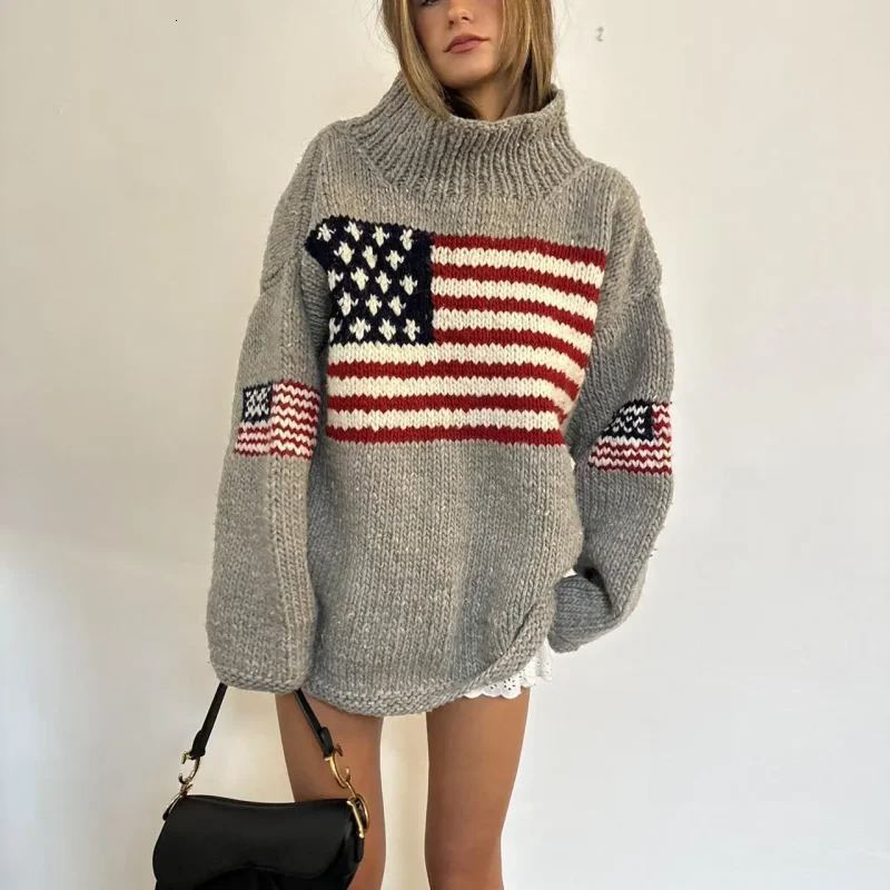 European and American autumn and winter n sense flag print knit sweater casual loose round neck pullover sweater 251029