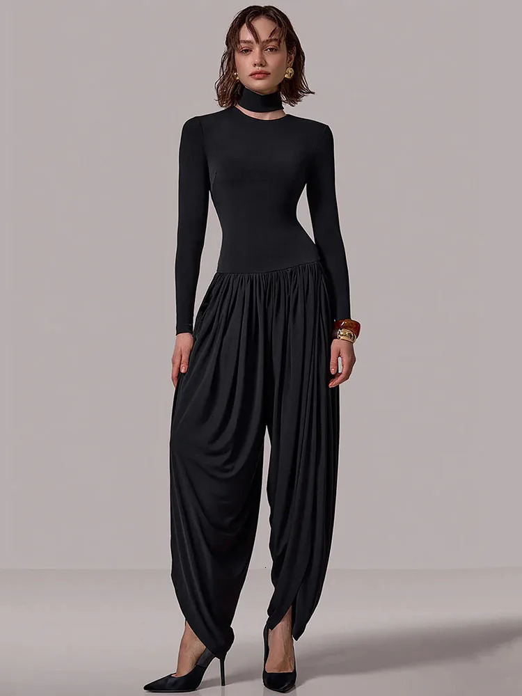 Mozision Long Sleeve Draped Sexy Jumpsuit Women Overalls Autumn Winter Patchwork Solid Turtleneck High Waist Slim Jumpsuis 251027