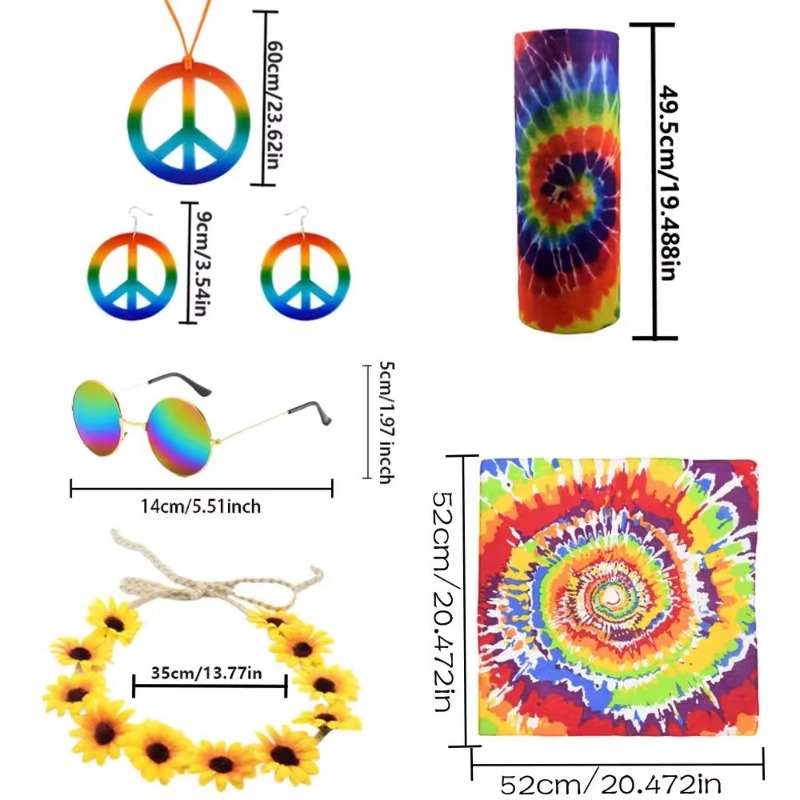 A 1960s-style five-piece set: colorful accessories, tie-dyed items and sunflower wreaths for theme parties and role-playing