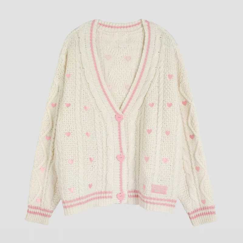 Autumn New Women Knit Cardigan Long Sleeve Knitted Loose Coat Embroidered Heart Tops Knitwear Female ClothingT251028