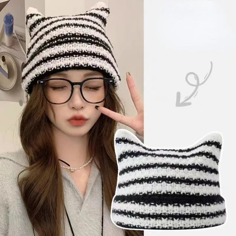 Japanese Streetwear Harajuku Beanie Little Devil Striped Knitted Hat Women Girls Autumn Winter Cute Cat Ears Cap 251029