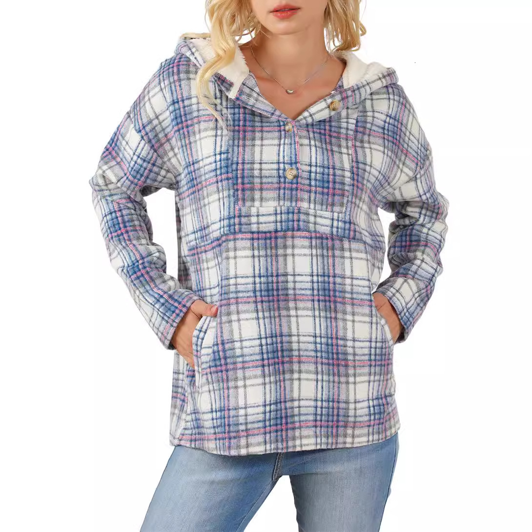 Autumn and Winter New Checkered Button Hooded Women's Sportswear Designer Hot Selling Loose Color Block Warm Knitted Women's Sweater