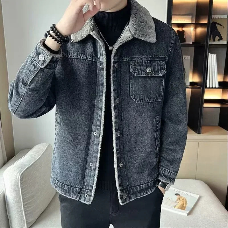 Mens Denim Jacket Fleece Lined Thickened Warm Winter Fashion Lamb Fur Collar Wear Resistant Cold Proof Outerwear 251029